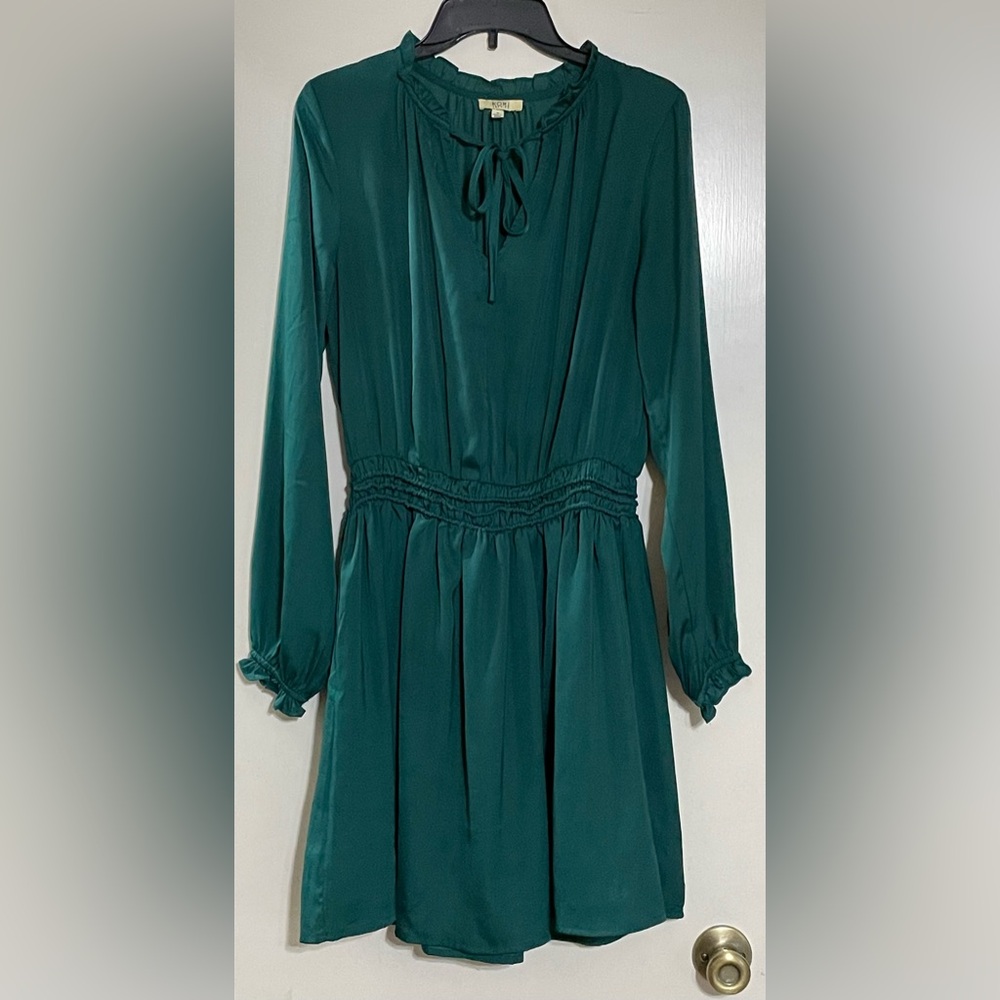 Kori America Long Sleeve Green Blouson Waist Midi Casual Dress Women Sz S